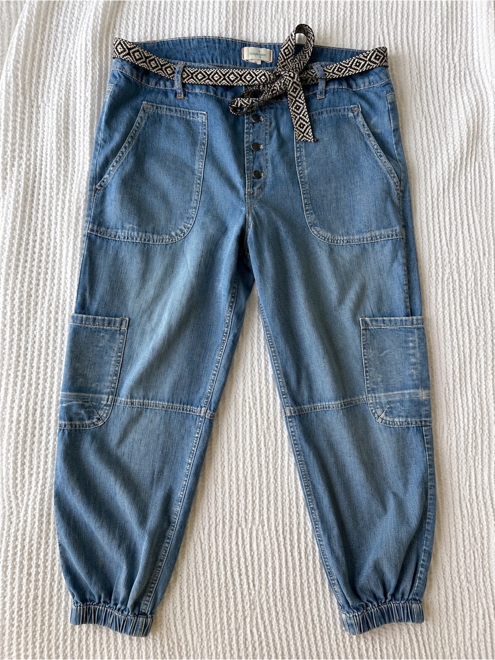 Sundance Size 10 Chambray Utility Jogger Jeans with Belt Lightweight Denim Cargo